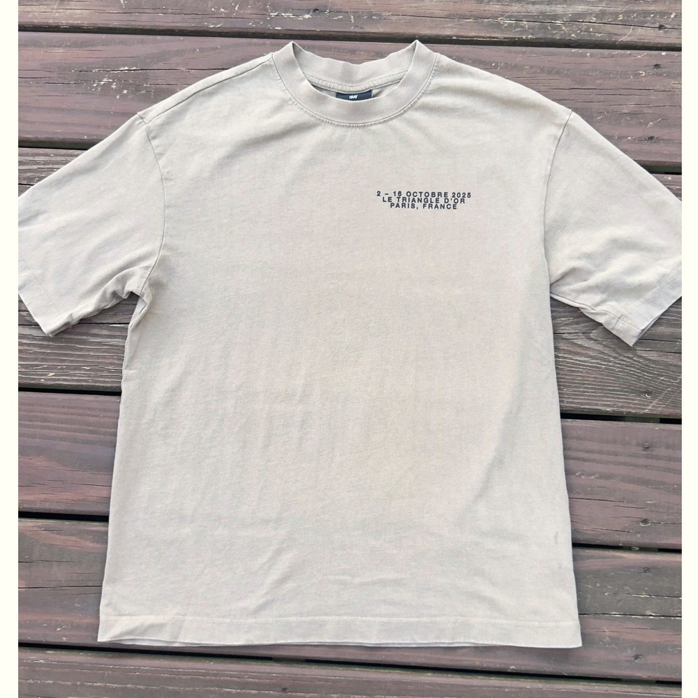 H&M Graphic T-Shirt Mens Small Tan Paris France Loose Fit Short Sleeve Tee